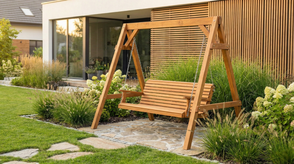 drewniana hustawka ogrodowa